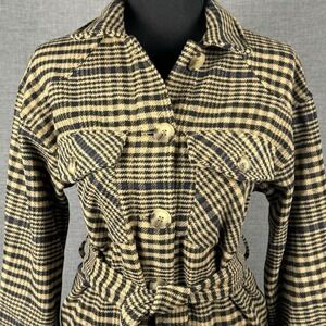 Marc New York Andrew Marc Plaid Belted Jacket Coat Black Cream‎ Womens XS NWT